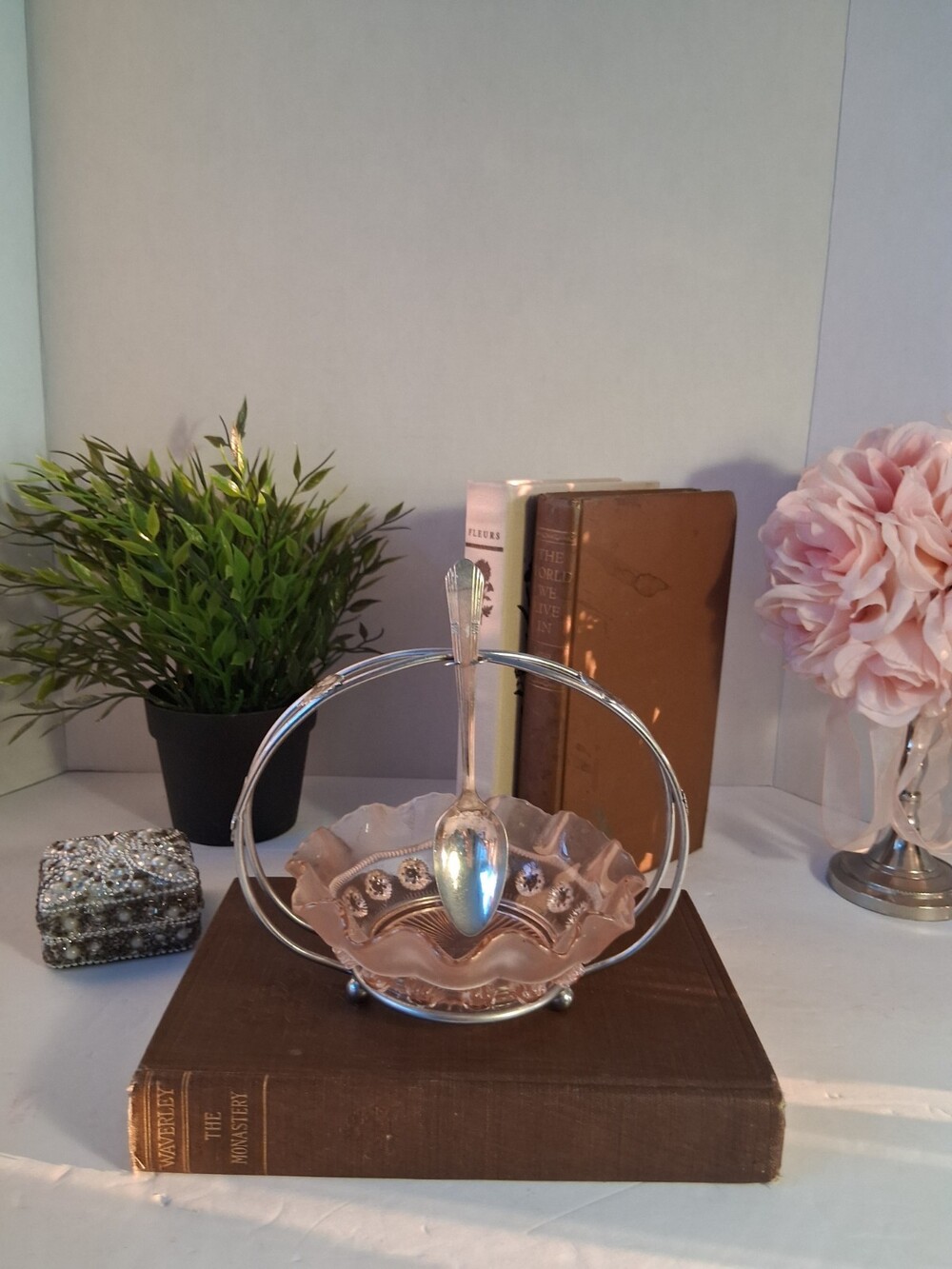 Vtg Pink Depression Glass Jam Dish Jelly Bowl Silver Caddy Spoon Set